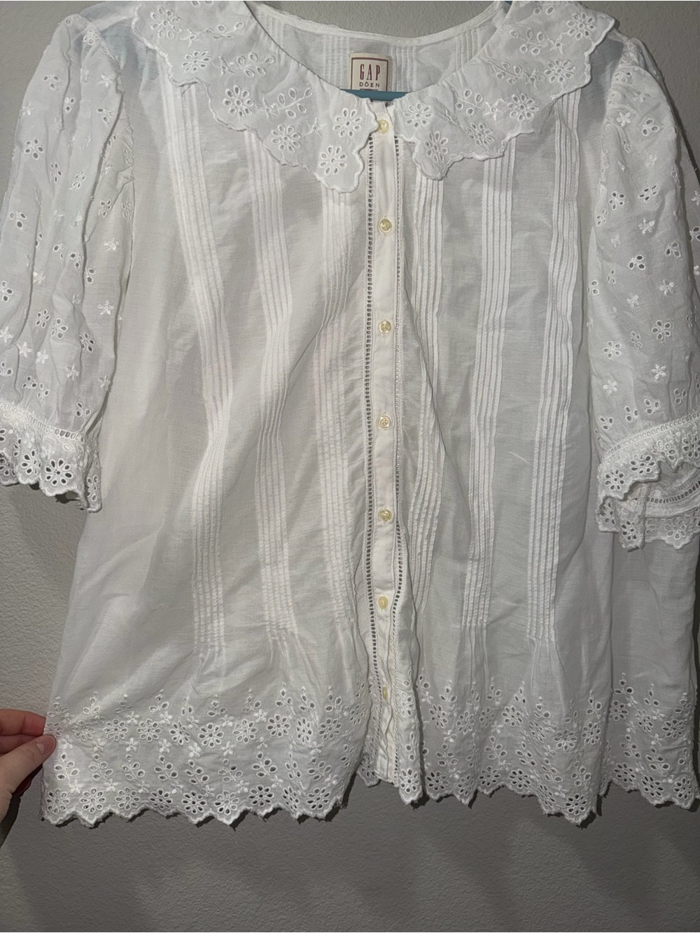 Gap x Doen Cropped Eyelet Shirt XL Cotton Blouse Scalloped Collar Cottagecore - Picture 5 of 9